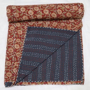 Rust Red Handmade Block Print Floral Kantha Quilt | Handmade Indian Block Print Blanket | Cotton Bedspread | Boho Throw Queen Twin Coverlet