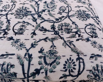 Handmade Blue Floral Indian Kantha Quilt – Vine Block Print Cotton Bedspread, Lightweight All-Season Boho Blanket