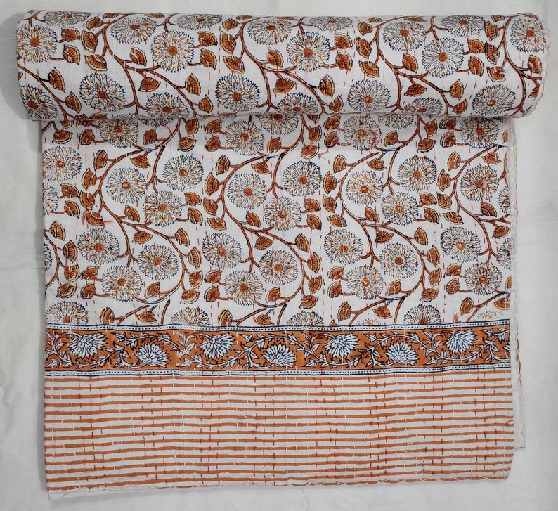 Indian Kantha Quilt Orange Kantha Quilt Indian Hand Block Etsy