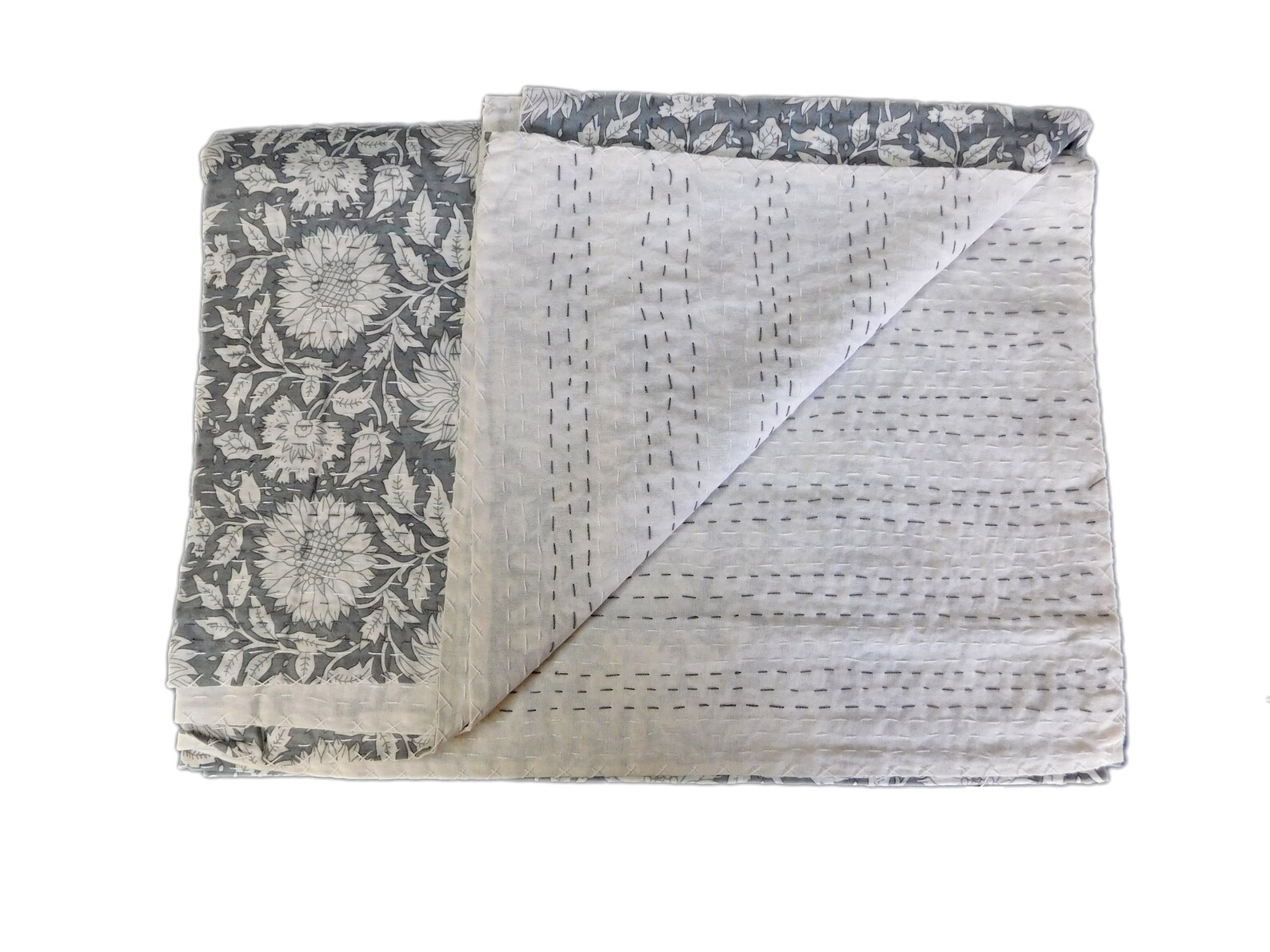 Gray White flowers kantha quilt kantha quilt throw kantha Etsy