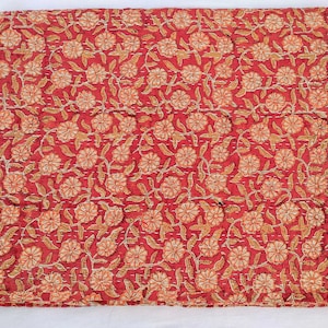 Red Floral Kantha Quilt - Handstitched Cotton Throw Blanket with Orange and Gold Accents - Vibrant Boho Bedding or Sofa Decor