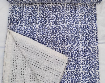 Blue Floral Block Print Kantha Quilt, Handmade Cotton Bedspread, Indian Kantha Blanket, Boho Bedding, Twin Queen King