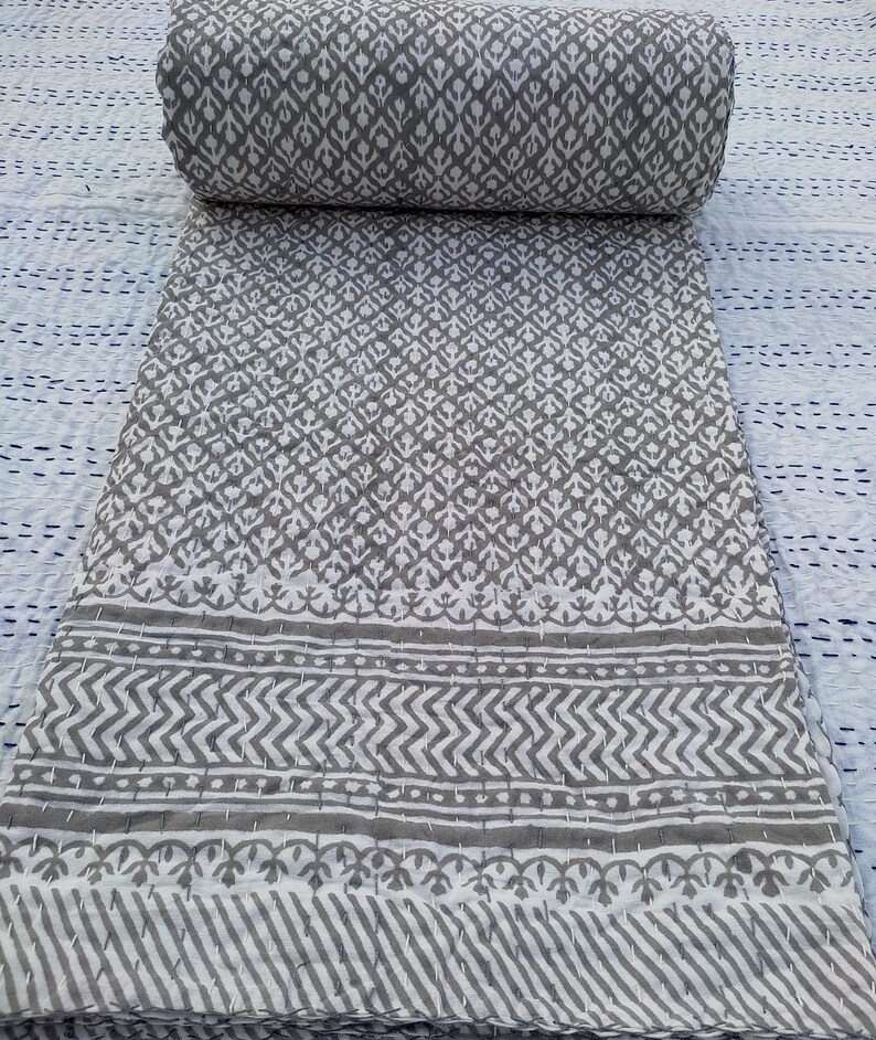 Indian Grey Kantha Quilt Handblock Print Gray Quilt Gray Etsy
