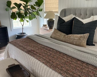 Earth Tone Lotus Print Floral Kantha Quilt – Hand Block Print Bedspread – Cotton Print Blanket – Vintage Indian Bedding – Boho Throw Quilt