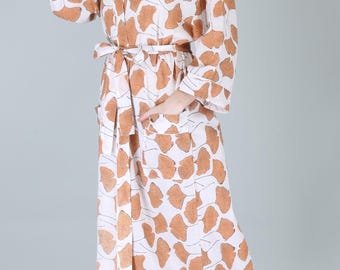 Orange Leaf Cotton Kimono Robe | Handmade Block Print Dressing Gown | Lightweight Boho Lounge Wear for Women