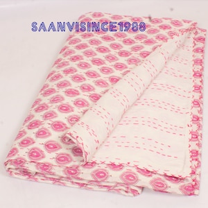 Pink Hand Block Print Kantha Quilt – Twin Size Cotton Blanket – Handmade Indian Quilt – Lightweight Throw for Bed or Sofa Pink Kantha Quilt