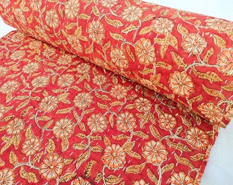 Handmade Rust Red Floral Indian Block Print Kantha Quilt, Pure Cotton Bedspread, Reversible Boho Blanket Throw