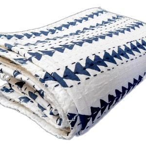 Handmade Blue Arrow Kantha Quilt: White Cotton Boho Bedspread