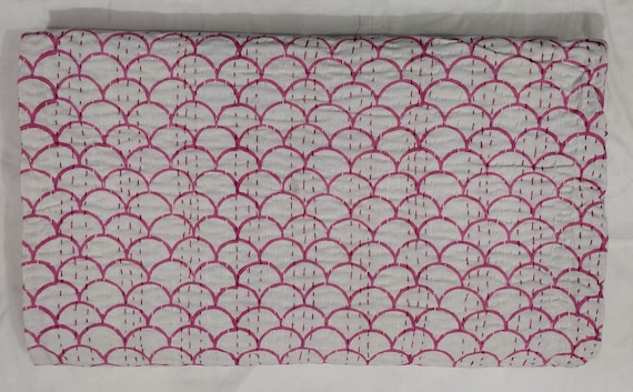 Handmade Quilt Kantha Pink Scallop Block Print Blanket– Handmade Cotton Bed Throw, Light Hand-Stitched Blanket