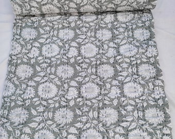 Grey White Floral Indian Kantha Quilt Handmade Pure Cotton Bedspread, Hand Stitched Natural Color Boho Home Decor