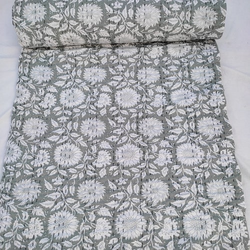 Grey Indian Kantha Quilt Handblock Print Grey Quilt Grey and Etsy