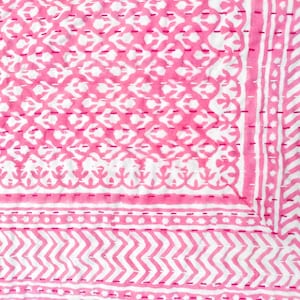 Pink Indian Handmade Block Print Kantha Quilt – Handmade Cotton Bedspread with Plain Back – Boho Kantha Bedding Throw Blanket in 3 Sizes