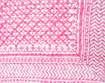 Pink Block Print Kantha Quilt, Handmade Cotton Bedspread, Lightweight Quilt, Boho Bedding, Cottagecore Home Decor