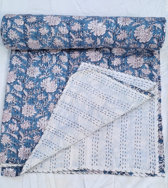 Classic Blue Kantha Quilt Hand stitched Floral Design Bohemian Blue Kantha Quilt Delicate White Floral and Hand stitched Patterns Etsy