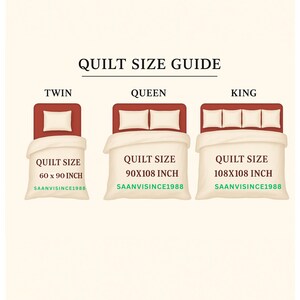 May include: A Quilt Size Guide chart featuring three bed illustrations labeled Twin, Queen, and King. Each shows a red bed frame, cream pillows, and a cream quilt with dimensions: 60 x 90 inch, 90 x 108 inch, and 108 x 108 inch. Text includes SAANVISINCE1988.