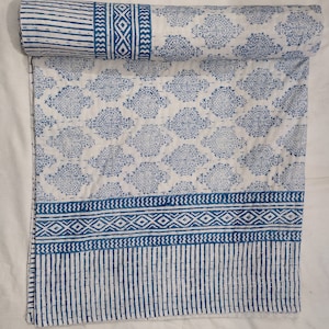 Blue and White Kantha Quilt | Hand Block Print Cotton Blanket | Indian Bedding Throw Boho Geometric Bedspread for Sofa or Kantha Bedspreads