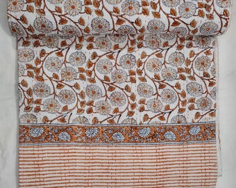 Indian Kantha Brown Floral Indian Kantha Quilt – Block Print Cotton Bedspread, Lightweight All-Season Boho Blanket