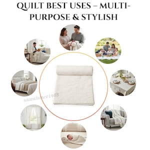 May include: Cream-colored quilt, rolled and folded, with the text "QUILT BEST USES - MULTI-PURPOSE & STYLISH." The image shows the quilt in various settings, including a bed, sofa, and picnic. The quilt is a neutral color.