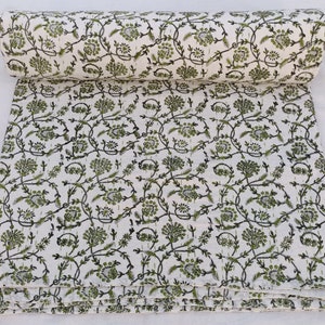 Handmade Kantha Quilt – Green Floral Indian Block Print Cotton Blanket – Soft Stitched Throw for Bed & Home Decor