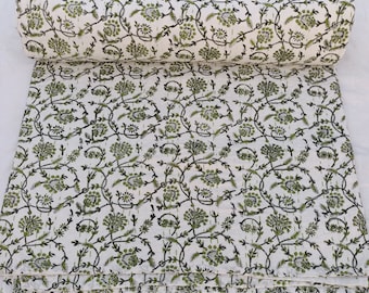 Handmade Kantha Quilt – Green Floral Indian Block Print Cotton Blanket – Soft Stitched Throw for Bed & Home Decor