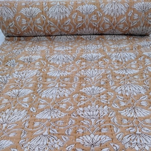 Mustard Floral Indian Kantha Quilt, Block Print Cotton Bedspread, Handmade Reversible Blanket, Indian Boho Bedding Throw, Farmhouse Quilt