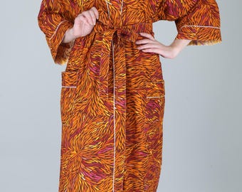 Boho Kimono Robe – Fiery Leaf Print, Cotton Loungewear, Long Bathrobe with Pockets & Belt