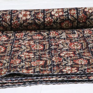 Black and Red Floral Indian Block Print Kantha Quilt, Handmade Cotton Blanket, Indian Block Print Bedspread, Reversible Boho Bedding Throw