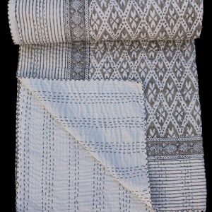 Grey White Ikat Indian Hand Block Print Kantha Quilt Handmade Cotton Throw Blanket, Block Print Bedspread, Minimal Boho Bedding Grey Kantha