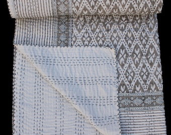 Kantha Throw Blanket Grey Ikat Hand Block Print Pure Cotton Handmade Quilt