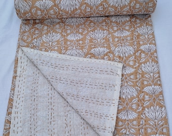 Peach Floral Block Print Kantha Quilt Handmade Cotton Bedspread Indian Botanical Quilt Farmhouse Cottage Bedding