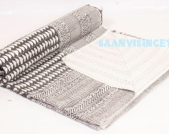 Black White Geometric Kantha Quilt Handmade Cotton Bedspread | Indian Block Print Quilt | Boho Bedding | Hand Stitched Quilt