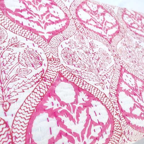 Pink Hand Block Print Quilt Indian Reversible Razai Cotton Etsy