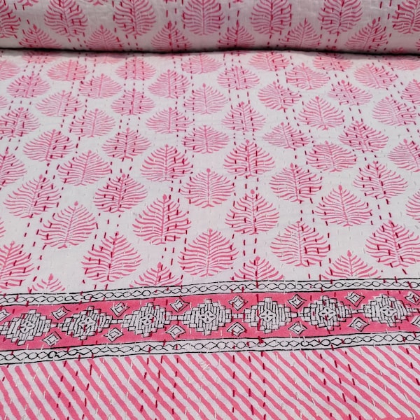 Kantha Quilt Kantha HandBlock Print Handmade Stitched pink floral quilt queen pink Handmade queen pink quilt Indian Pink bedspreads Indian