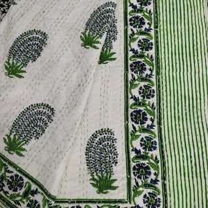 Floral Kantha Quilt: Green & Blue Boho Bedding Throw Blanket