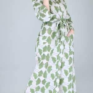 Green Leaf Block Print Cotton Kimono Robe - Boho Loungewear