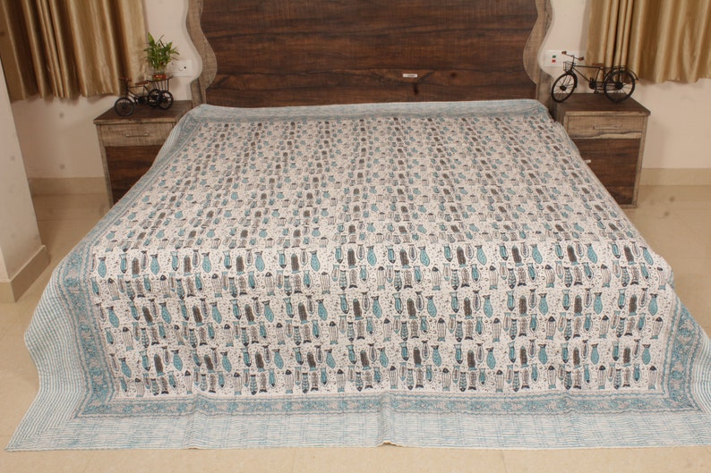 Fish Bedspread Blue Fish Print Kantha Quilt Handmade Coastal Block Print Cotton ...