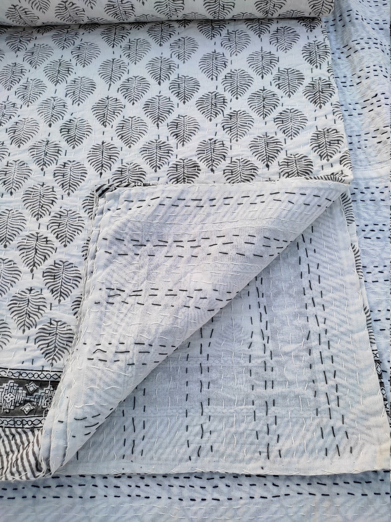 Grey Leaf Quilt Indian Grey Kantha Quilt Handblock Print Grey Etsy