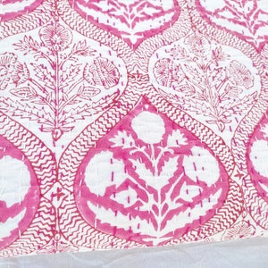 Pink Floral Kantha Quilt – Hand Block Print Indian Bedspread, Cotton Throw Blanket, Boho Bedding, Handmade Queen Quilt for Home Decor
