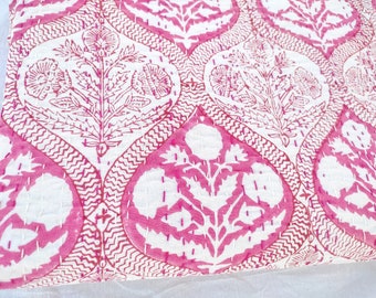 Pink Floral Kantha Quilt: Hand Block Print Cotton Bedspread