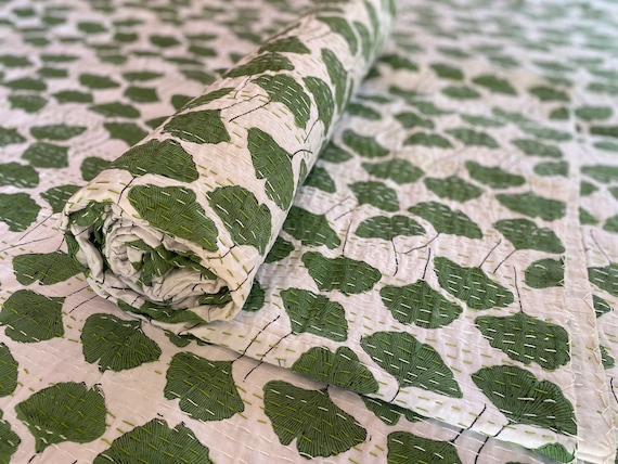 Kantha Quilt Green Leaf Block Print Cotton Coverlet Handmade Indian Bedding Boho Bedspread Reversible Throw Blanket
