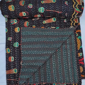 Black Kantha Quilt, Colorful Tribal Drum Print Cotton Bedspread, Handmade Indian Quilt, Boho Vintage Blanket, Twin Queen King Bedding