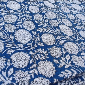 Blue Indian Handmade Block Print Kantha Quilt – Handmade Cotton Bedspread with White Floral Pattern – Boho Bedding Throw Blanket in 3 Sizes