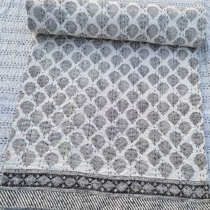 Grey Leaf Handmade Block Print Kantha Quilt – Handmade Cotton Blanket Throw – Boho Block Print Bedding – White & Black Bedspread – All Sizes