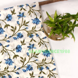 Blue Floral Block Print Cotton Fabric by the Yard – Soft White Indian Fabric for Dressmaking, Quilting, Home Decor, Sewing Crafts