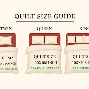 May include: A quilt size guide with illustrations of Twin, Queen, and King beds. The Twin size is 60 x 90 inches, Queen is 90 x 108 inches, and King is 108 x 108 inches. The text "SAANVISINCE1988" is at the bottom of each illustration.