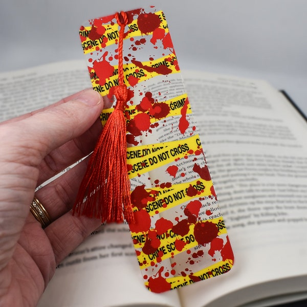 Unique Bookmark with Crime Scene design is a bookmark with tassel and used for party favors or book lover gifts and Horror gifts