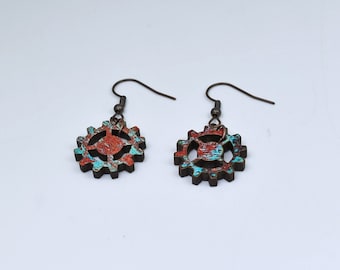 Steampunk Gear Earrings | Steam punk Jewelry Gift for Geeks | Rustic Copper Gear Wood Earrings | Stocking Stuffer Gift for Her