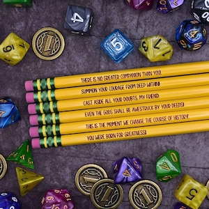 May include: Six yellow pencils with green ferrules and pink erasers, each featuring a unique motivational phrase: There is no greater companion than you, Summon your courage from deep within, Cast aside all your doubts, my friend, Even the gods shall be awestruck by your deeds, This is the moment we change the course of history, You were born for greatness.