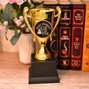 May include: A gold-colored trophy with a black base. The trophy has a circular emblem that reads "most okayest PM". The background includes a vase with pink flowers and a stack of books.