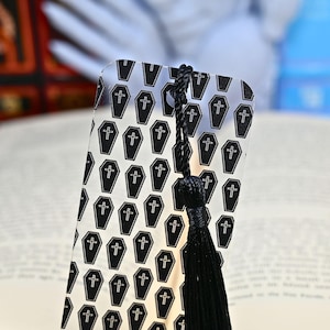 Black Coffins Gothic bookmark with tassel for bookish reader or coffin vampire goth gifts for Halloween Party Favors